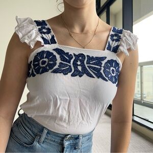 Chic White and Blue Embroidered Tank Top